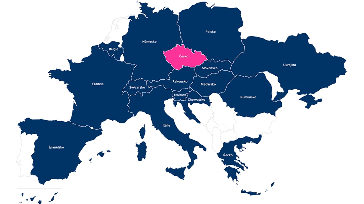 OVB v celé Evropě Mapa Evropy se zvýrazněnou Českou republikou a dalšími zeměmi, kde působí OVB.